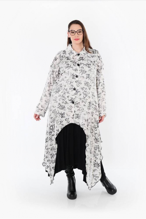 Bluse asymetrisch Zipfel AKH 7135 Divina Schrift [OneSize | weiß/grau]