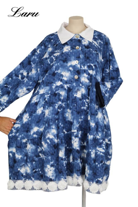 Kleid Blue batik mit Spitze MR6956 weiße Spitze [OneSize | blau/weiß]