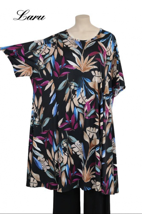 Longshirt Kurzkleid Oversize Blatt 6424 A [OneSize | schwarz/bunt]