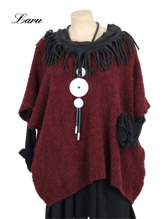 Strickpullover lang Wollboucle Big Size 8312B [OneSize | weinrot]