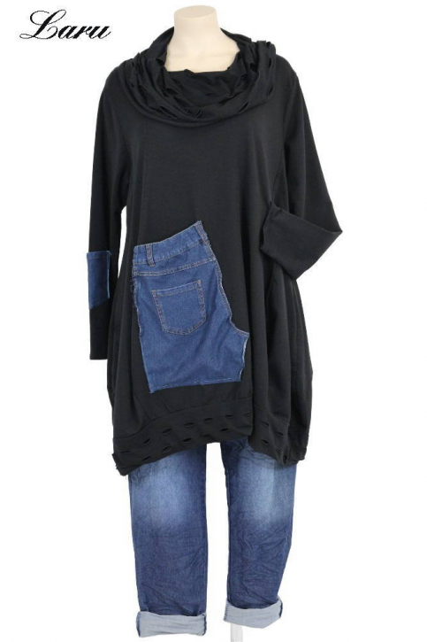 Shirt mit Lochkragen und Jeansapplikation 6645