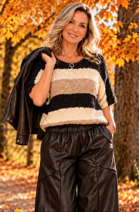 Strickpullover flauschig Wolle Streifen [OneSize | dunkelbraun]