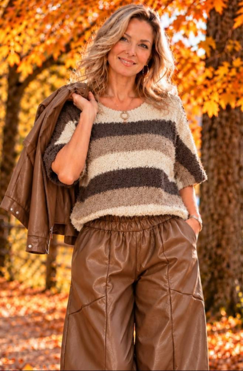 Strickpullover flauschig Wolle Streifen [OneSize | Beige]