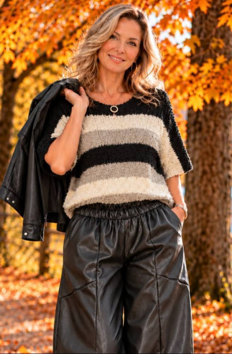 Strickpullover flauschig Wolle Streifen [OneSize | schwarz]