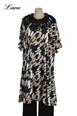 Longshirt Kurzkleid Oversize Pinsel 6424  [OneSize | schwarz/taupe]