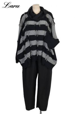 Strickpullover Streifen Fransen AKH 2541 grau [OneSize | schwarz/grau]