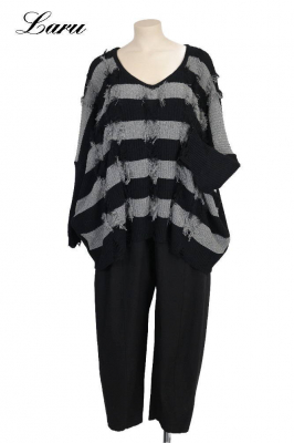 Strickpullover Streifen Fransen AKH 2541 grau [OneSize | schwarz/grau]