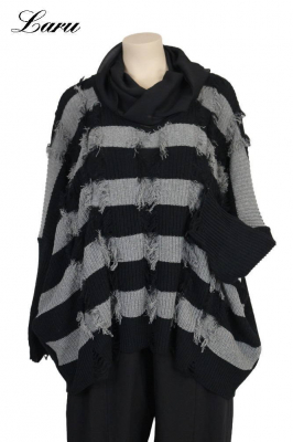 Strickpullover Streifen Fransen AKH 2541 grau [OneSize | schwarz/grau]