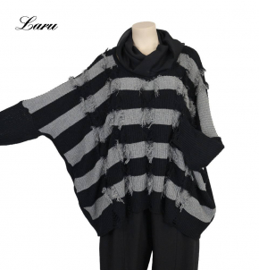 Strickpullover Streifen Fransen AKH 2541 grau [OneSize | schwarz/grau]