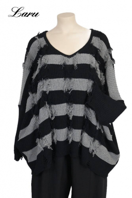 Strickpullover Streifen Fransen AKH 2541 grau [OneSize | schwarz/grau]