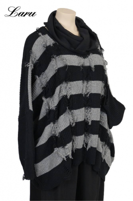 Strickpullover Streifen Fransen AKH 2541 grau [OneSize | schwarz/grau]