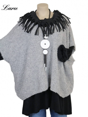 Strickpullover lang Wollboucle Big Size 8312B [OneSize | silbergrau]