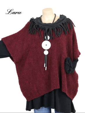 Strickpullover lang Wollboucle Big Size 8312B [OneSize | weinrot]