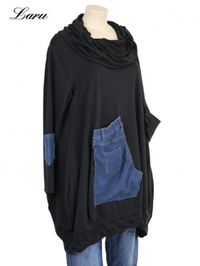 Shirt mit Lochkragen und Jeansapplikation 6645