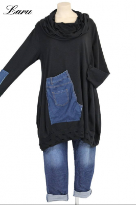 Shirt mit Lochkragen und Jeansapplikation 6645