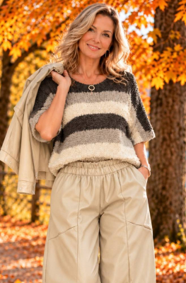 Strickpullover flauschig Wolle Streifen [OneSize | Beige]