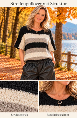 Strickpullover flauschig Wolle Streifen [OneSize | schwarz]
